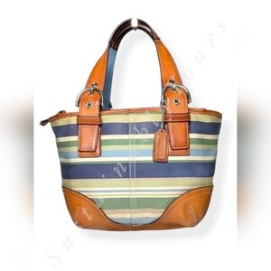 Vintage Coach Hamptons Stripe Small Mini Soho Tote Multicolor Canvas Leather Bag